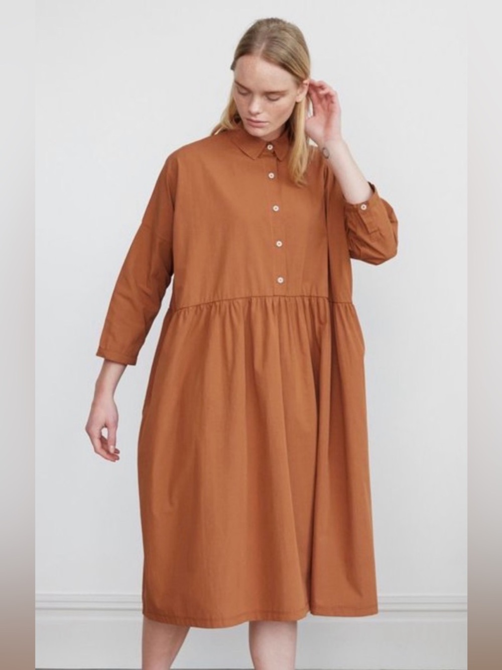 Beaumont Organic Relaxed Button-Front Cotton Midi Dress in Rust Medium NWT